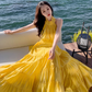 Beach holiday dress hides flesh and makes you look thin. Yellow backless French long skirt R0181