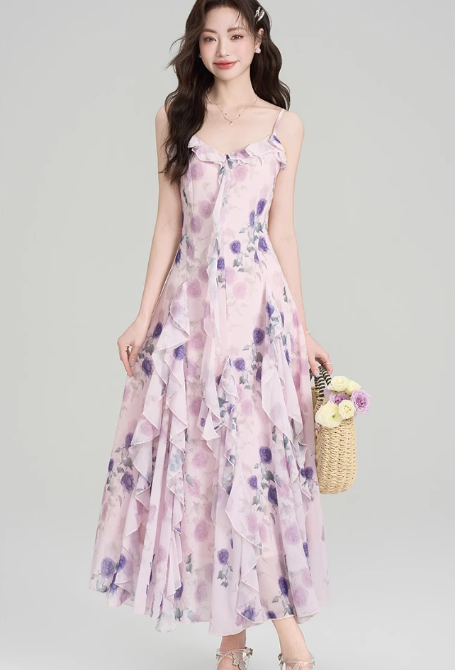 French holiday style dress summer ruffled floral suspender skirt with cardigan suit R2365