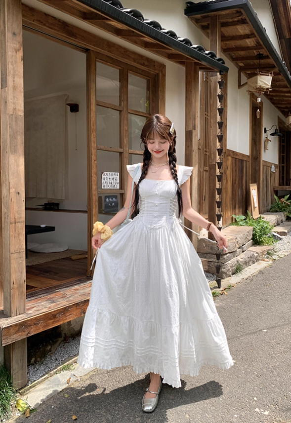 White square collar small flying sleeve waist dress women's summer French temperament A-line skirt R4746