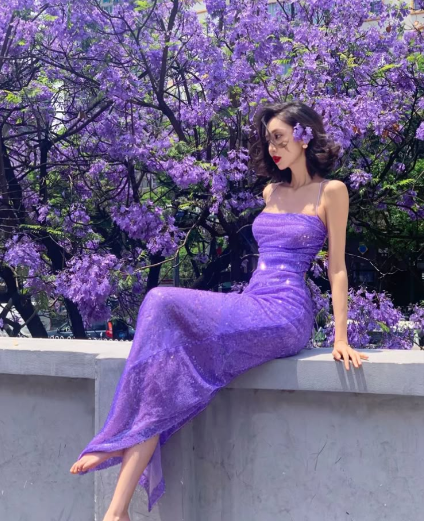 Charming purple sequin sexy waist tube top maxi prom dress, homecoming dress R3104