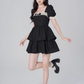 Retro jacquard French dress for women with square collar and lace trim, summer puff sleeves, black slim short skirt R4117