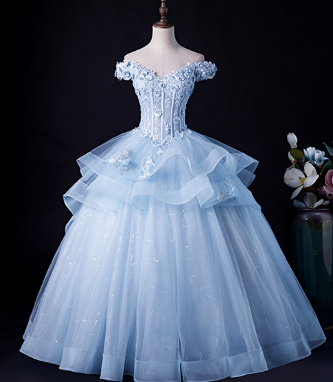 Sparkly Baby Blue Prom Gown , Beaded Elegant Applique Corset Maxi Evening Dress RS1461