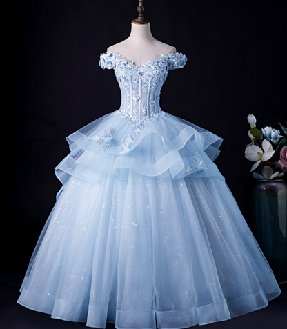 Sparkly Baby Blue Prom Gown , Beaded Elegant Applique Corset Maxi Evening Dress RS1461