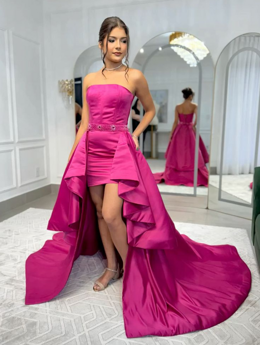 Silky Satin Pleated Corset Prom Gown , Barbie Pink Women's Hi-Lo Party Dress RS2514