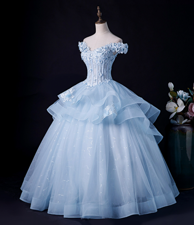 Sparkly Baby Blue Prom Gown , Beaded Elegant Applique Corset Maxi Evening Dress RS1461