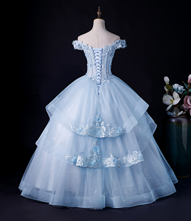 Sparkly Baby Blue Prom Gown , Beaded Elegant Applique Corset Maxi Evening Dress RS1461