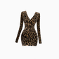 Sexy hot girl V-neck leopard print long-sleeved dress 2025 slim waist hip skirt R1212