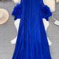 High-class lady temperament pleated lantern long sleeve loose A-line solid color elegant dress R0319