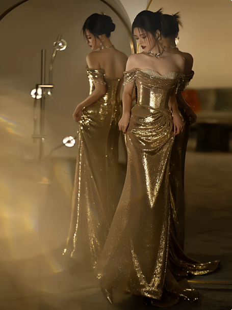 Elegant Golden Sequin Sheath Strapless Corset Maxi Prom Dress Evening Dress RS384