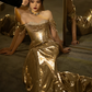 Elegant Golden Sequin Sheath Strapless Corset Maxi Prom Dress Evening Dress RS384