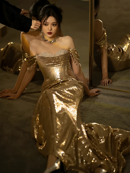 Elegant Golden Sequin Sheath Strapless Corset Maxi Prom Dress Evening Dress RS384