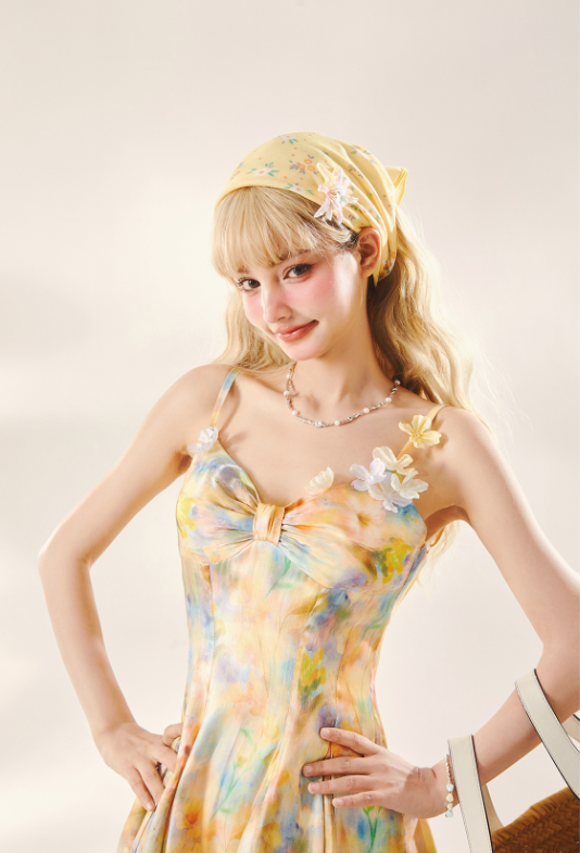Seaside Vacation Dopamine Short Skirt Oil Painting Printed Suspender Dress R5214