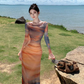 Beach dress with slim waist and elegant long sleeves, holiday style tie-dye dress R1606