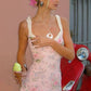 Pink floral sling waist gentle and cute slim short skirt homecoming dress R3305