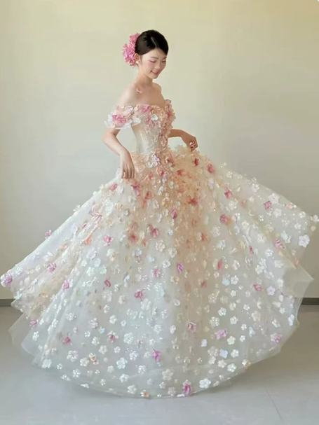 Elegant White Floral A-Line Strapless Corset Maxi Prom Dress Evening Dress RS385