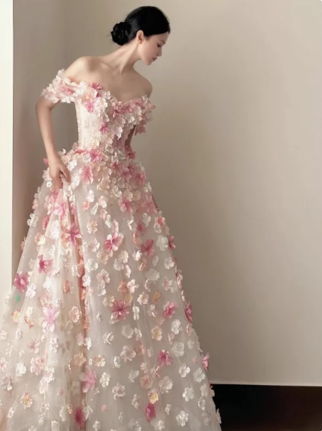 Elegant White Floral A-Line Strapless Corset Maxi Prom Dress Evening Dress RS385