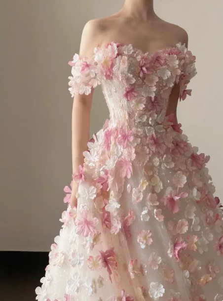 Elegant White Floral A-Line Strapless Corset Maxi Prom Dress Evening Dress RS385