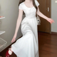 Elegant and decent skirt, gentle style, beautiful waist A-line white dress R0717