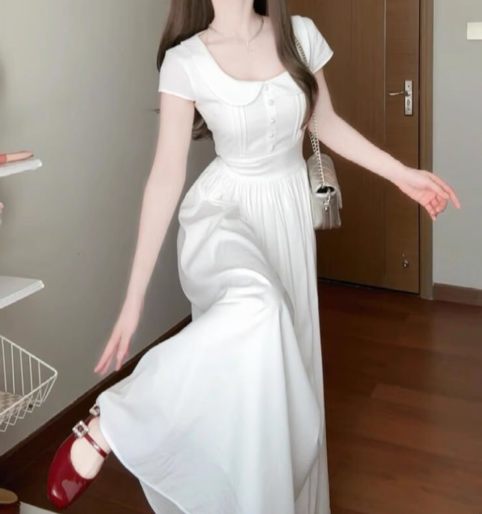 Elegant and decent skirt, gentle style, beautiful waist A-line white dress R0717