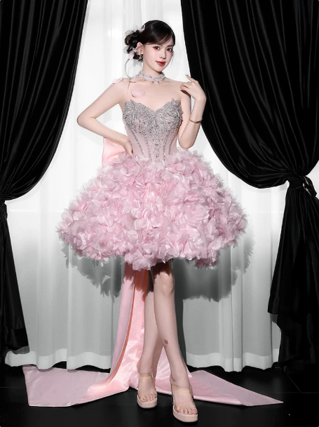 Cute Pink Ball Gown Sweetheart Feather Tem Corset Mini Party Dress Homecoming Dress RS386