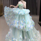 French Chic Mint Green Floral A-Line Sweetheart Tiered Corset Maxi Prom Dress Evening Dress RS388