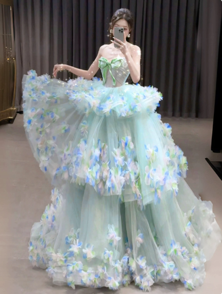 French Chic Mint Green Floral A-Line Sweetheart Tiered Corset Maxi Prom Dress Evening Dress RS388