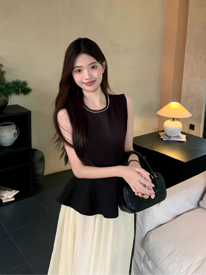 Fairy retro new Chinese suit sleeveless black vest blouse top high waist skirt two-piece suit R1713
