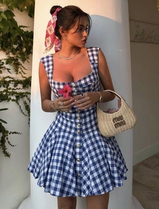Blue and white plaid suspenders waist slimming A-line flower bud skirt short skirt homecoming dress R3897