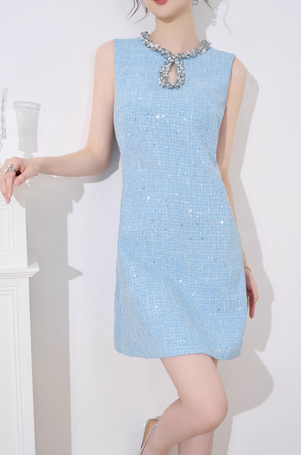 French design niche dress new style temperament waist slim blue Chanel style sleeveless dress R4223
