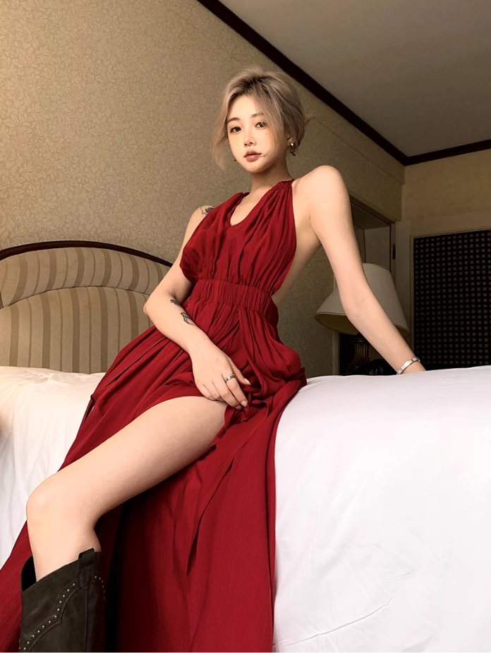 Fairy lace halter neck red dress holiday beach dress deep v backless slit long dress R1740