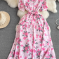 French lady temperament lady short sleeve square collar waist slim a-line print dress elegant long skirt R0406