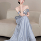 Elegant Blue Mermaid Bateau Corset Maxi Prom Dress Evening Dress RS389
