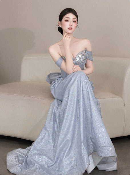 Elegant Blue Mermaid Bateau Corset Maxi Prom Dress Evening Dress RS389