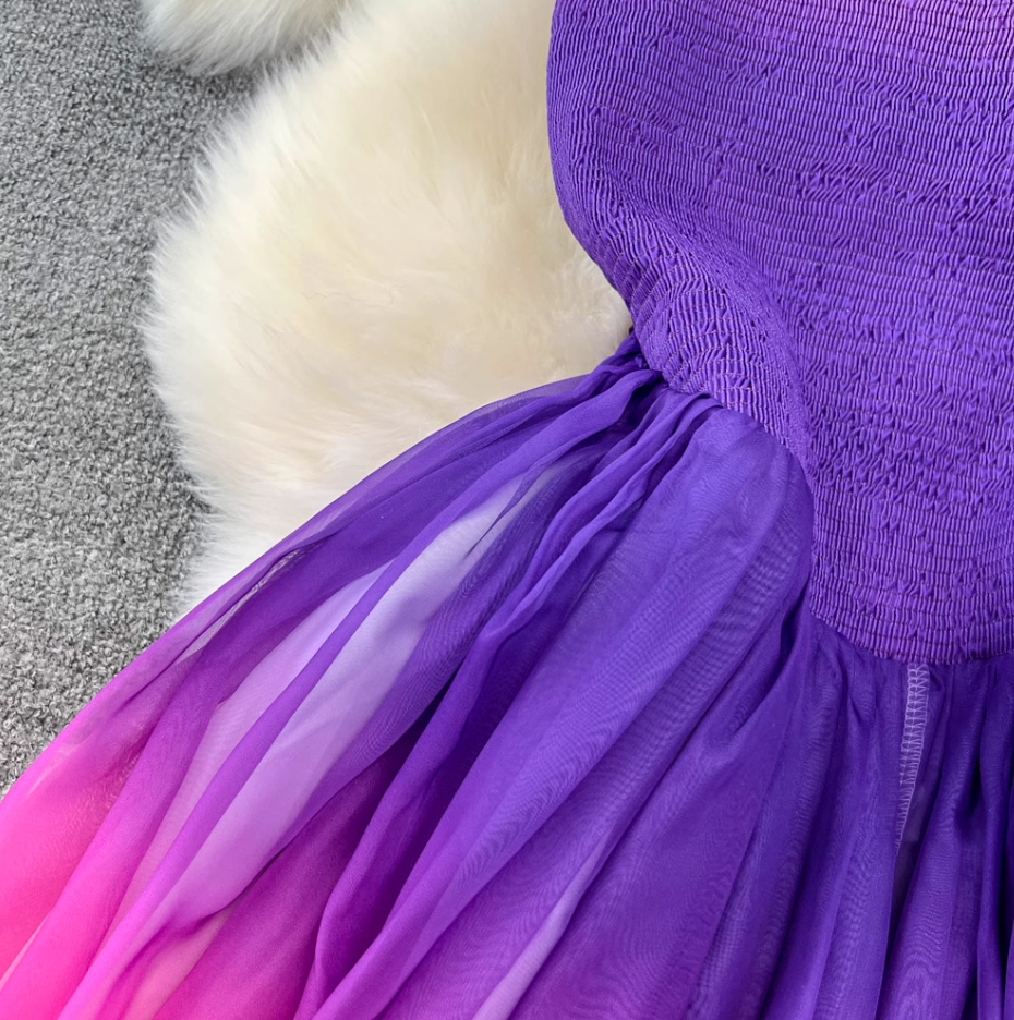 Temperament sleeveless round neck waist slimming A-line rainbow gradient chiffon elegant dress R0405