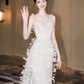 Elegant White Feather A-Line Spaghetti Straps Corset Maxi Prom Dress Evening Dress RS409