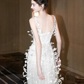 Elegant White Feather A-Line Spaghetti Straps Corset Maxi Prom Dress Evening Dress RS409