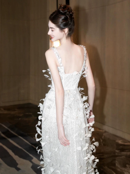 Elegant White Feather A-Line Spaghetti Straps Corset Maxi Prom Dress Evening Dress RS409
