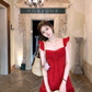 Red waist hollow suspender dress women's summer French temperament skirt R4700