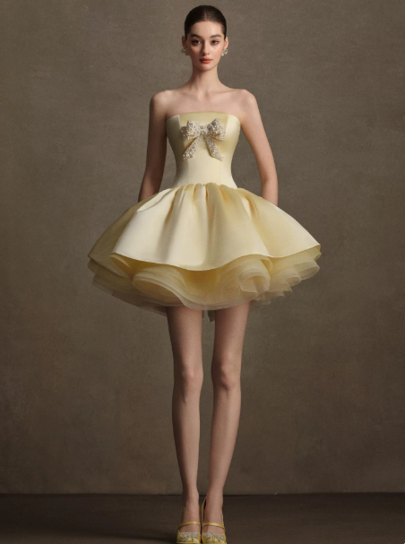 French Chic Pastel Yellow A-Line Strapless Corset Mini Party Dress Homecoming Dress RS390