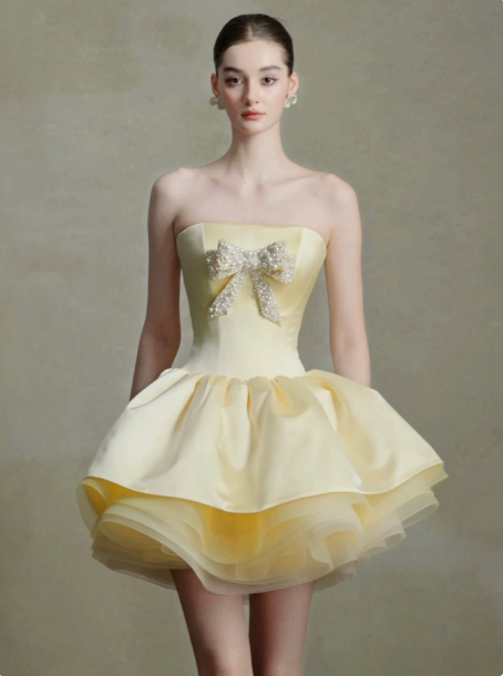 French Chic Pastel Yellow A-Line Strapless Corset Mini Party Dress Homecoming Dress RS390