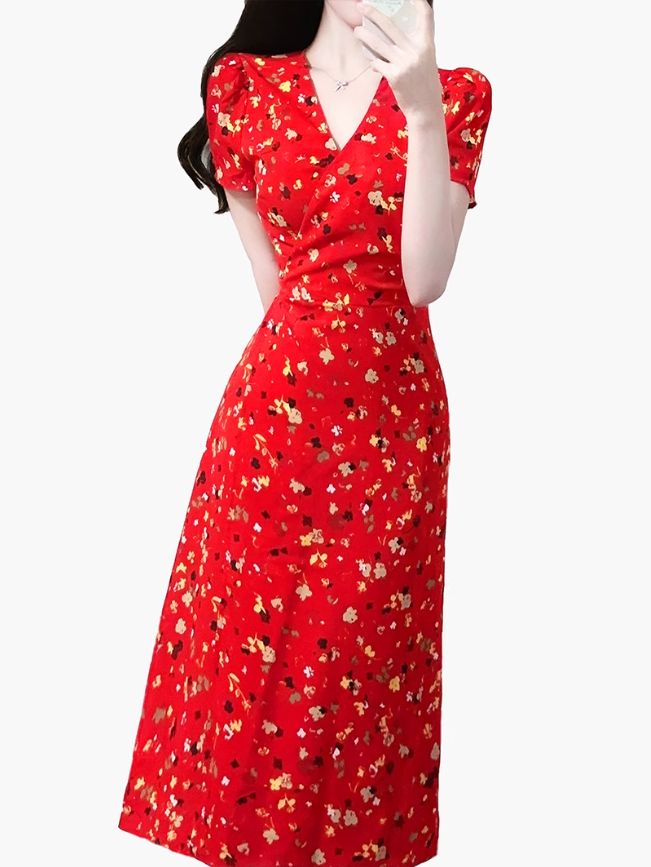 2025 Summer New Red Floral V-neck Wrap One-piece Tea Break Short Sleeve Dress R0948