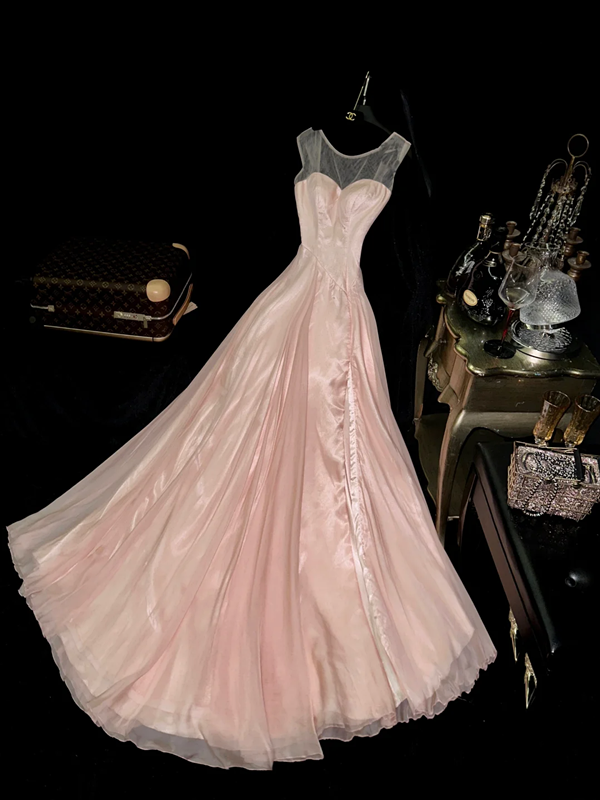 Light pink sleeveless fitted waist elegant long ball gown R6992
