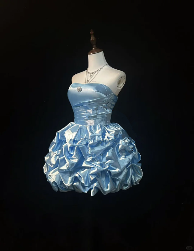 Blue tube top waist cute bud skirt short dress homecoming dress R4900