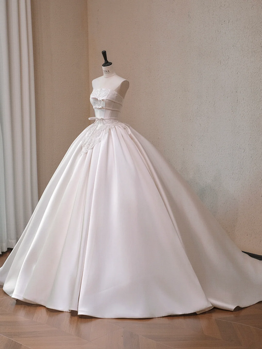 White satin tube top waist slim fit puffy skirt long dress bridal gown R5719