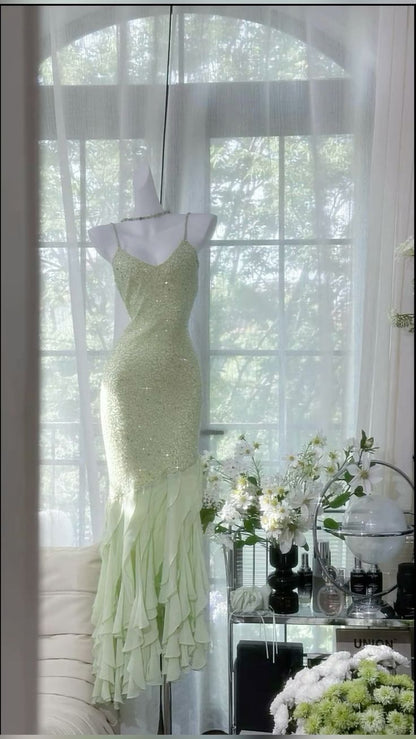 Light green suspender waist slim elegant dress, prom dress R5363