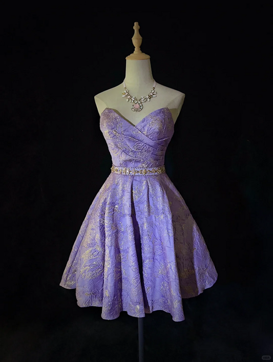 Purple pleated design strapless waist satin A-line skirt homecoming dress R4981