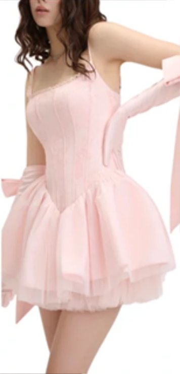 Pink suspender waist slim cake skirt short skirt homecoming dress R4493