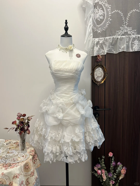 White tube top lace skirt sexy cute short skirt homecoming dress R4173