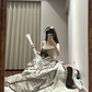 Light brown checkered strapless waist-cinching long ball gown R8636