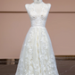 Off-white halter neck fitted waist long lace ball gown, elegant wedding dress R8331
